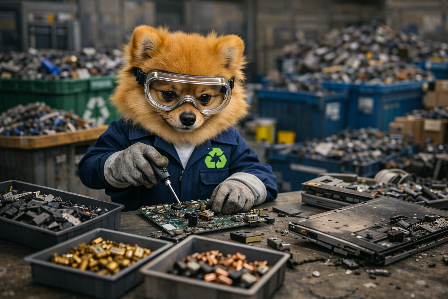 PCBankキャラクターがリサイクルに取り組むイメージ